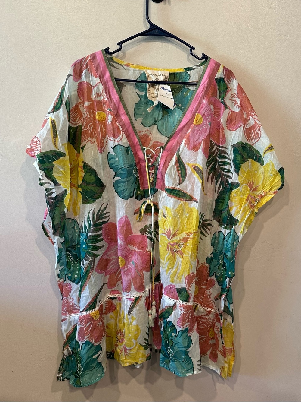 Z&L Women’s Tropical Floral V-Neck Lace-Up Tie Short Sleeve Tunic Top S